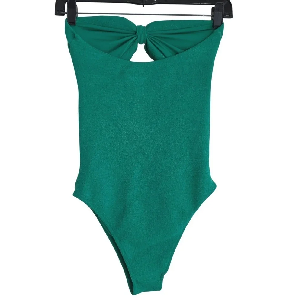 Pura Swimsuit Set Women P Green Bow Cutout Bandeau One Piece & Shorts Stretch